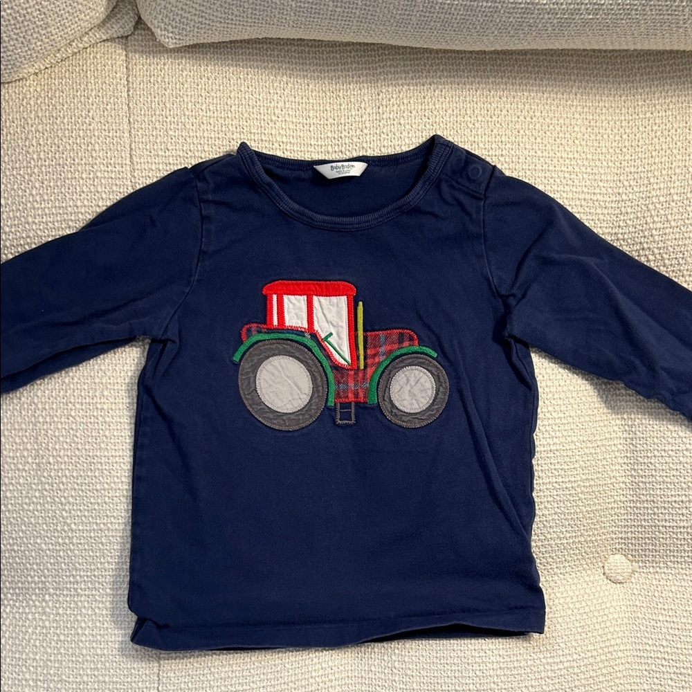 Baby Boden Blue Long Sleeve Shirt with Tractor Design